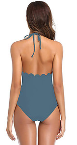 SHEKINI Women's Bathing Suit Scalloped Trim High Neckline Halter Backless Lace up One Piece Swimsuit Bodysuit